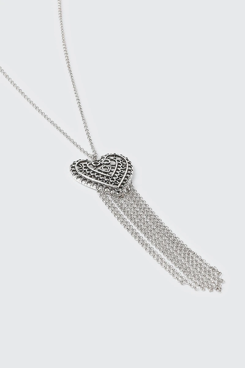 Heart Pendant Chain Tassel Necklace