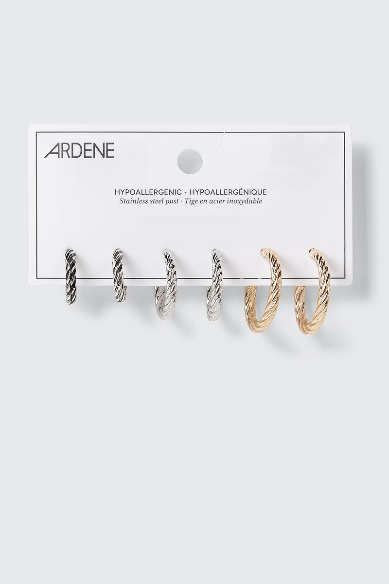 3-Pack Twisted Hoop Earrings