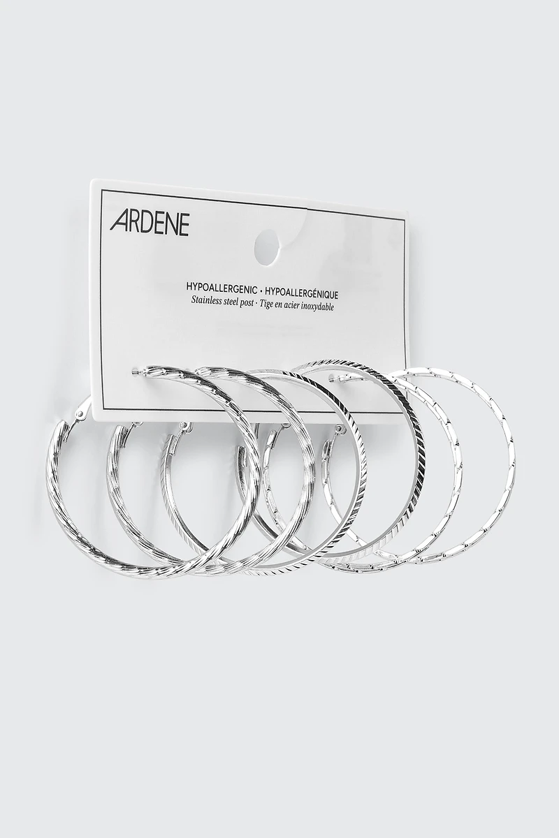 3 Pairs Textured Hoop Earrings