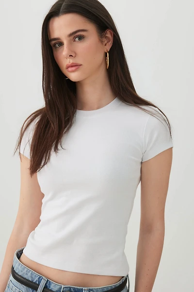 Cropped Ribbed Crew Neck T-Shirt