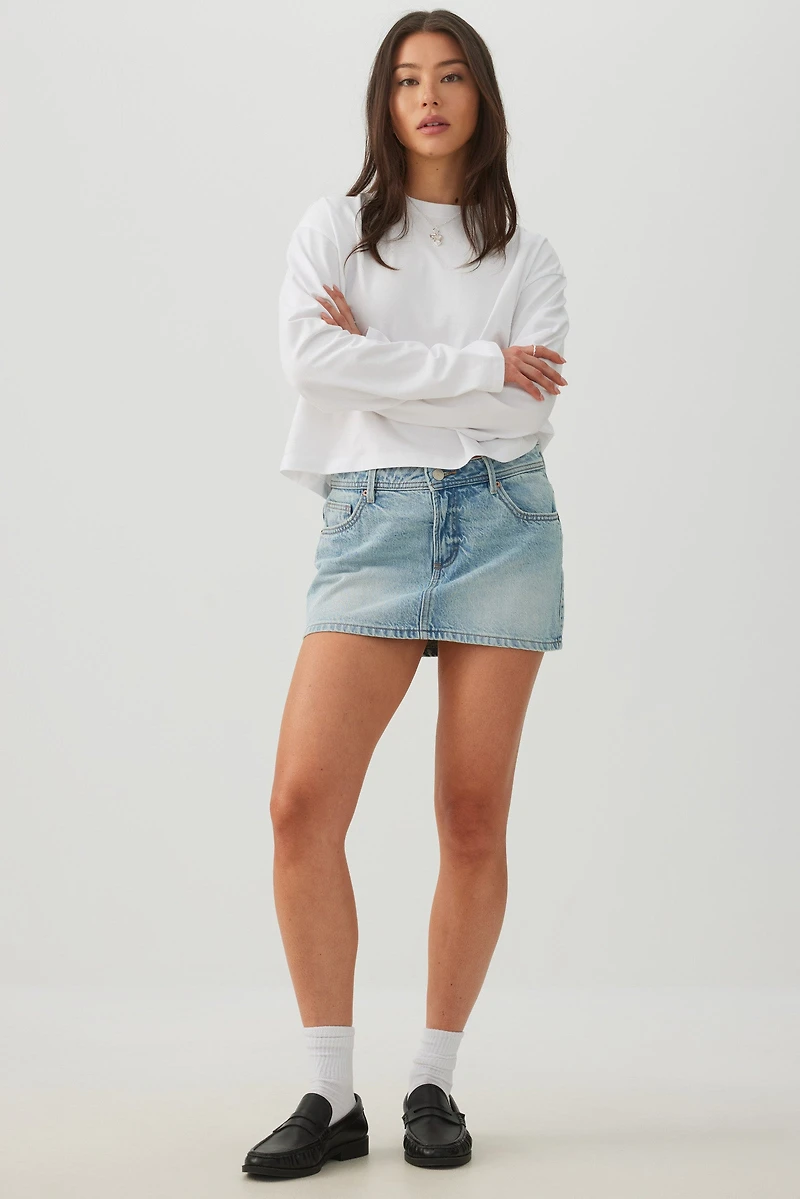 Mid Rise Denim Mini Skort