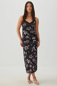 Floral Lace Trim Mesh Maxi Dress