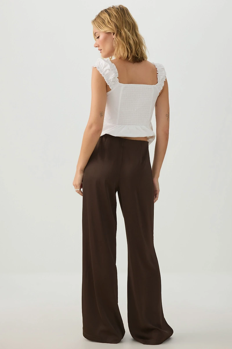 Pantalon large taille mi-haute en satin