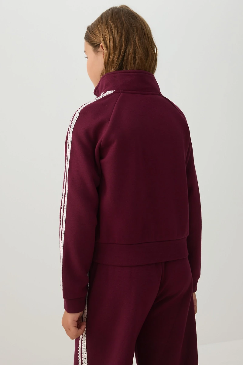 Zip Up Mock Neck Sweatshirt with Lace Details