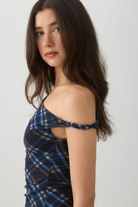 Plaid Asymmetric Mesh Tank Top