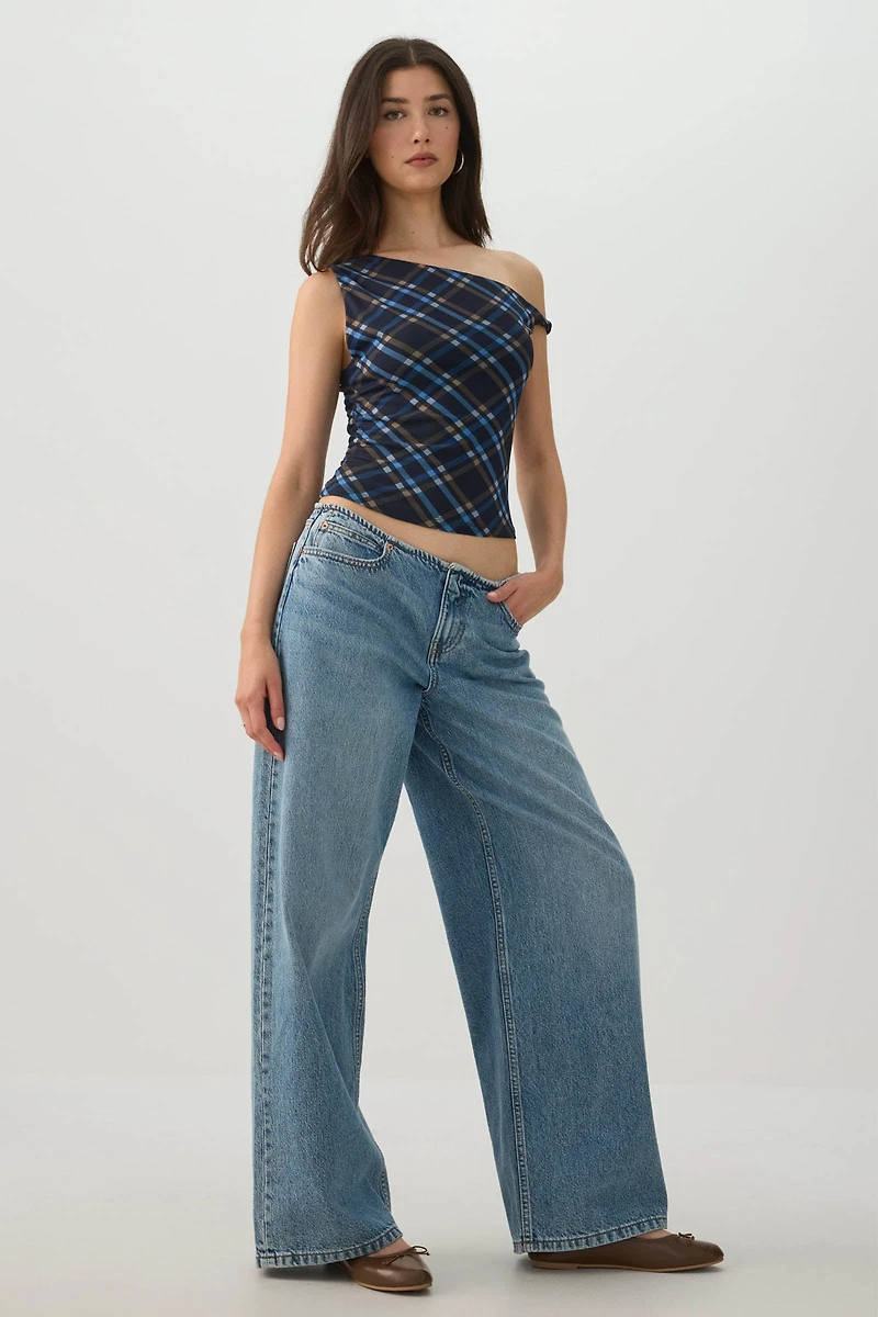 Plaid Asymmetric Mesh Tank Top