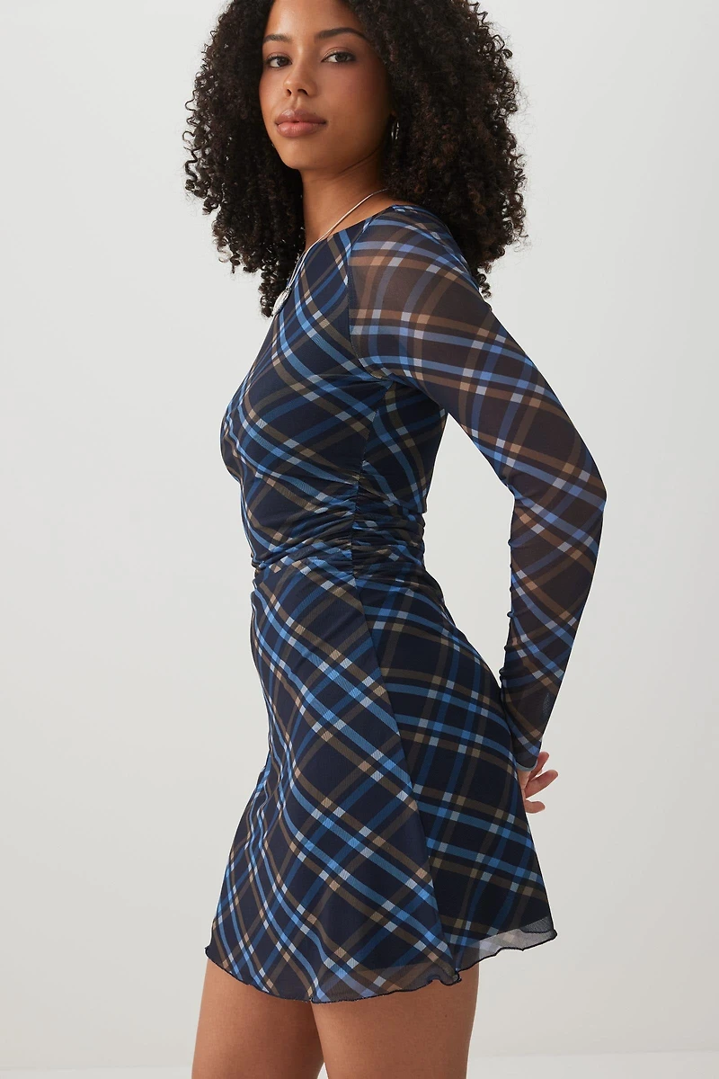 Robe mini en maille froncée à carreaux
