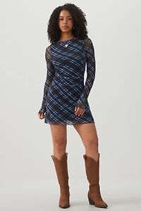 Plaid Mesh Ruched Mini Dress