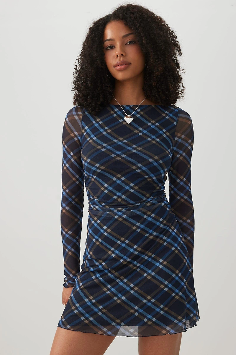 Robe mini en maille froncée à carreaux