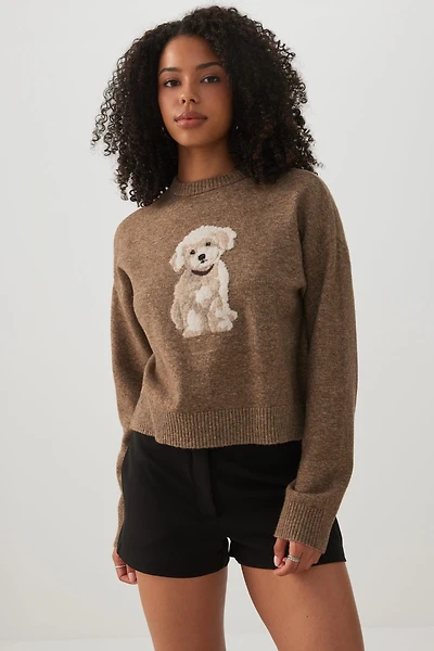 Puppy Jacquard Crew Neck Sweater