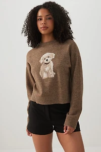 Puppy Jacquard Crew Neck Sweater