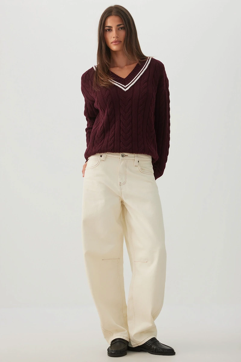 Pull à col en v tricot torsad