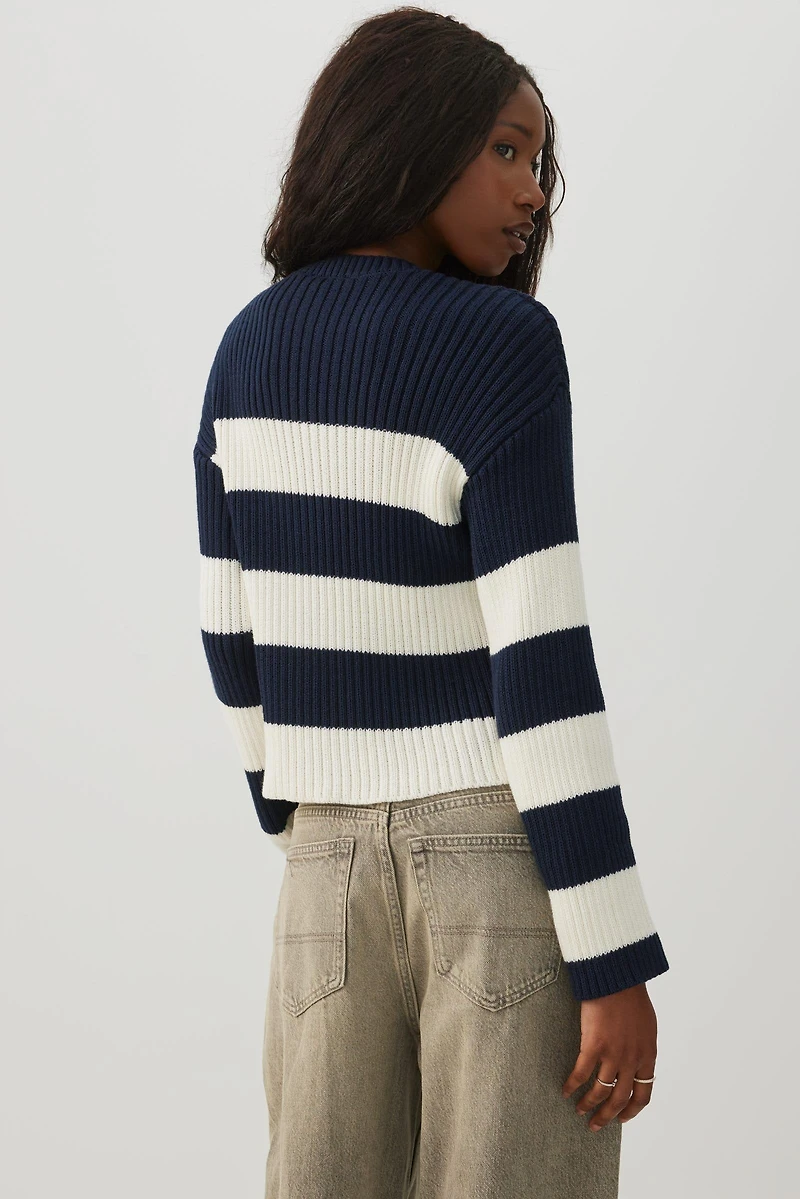 Crop Striped Crew Neck Sweater