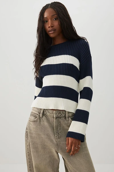 Crop Striped Crew Neck Sweater