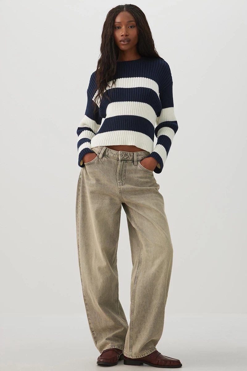Crop Striped Crew Neck Sweater
