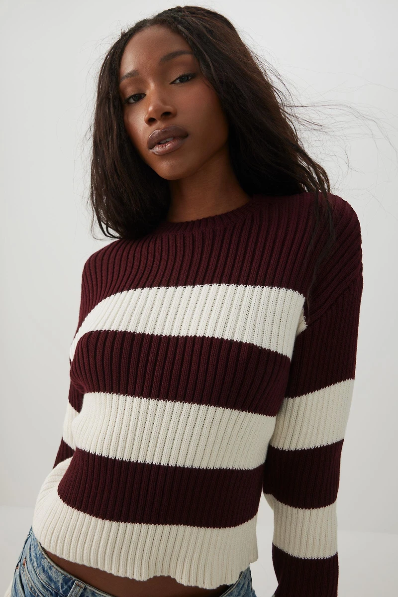 Crop Striped Crew Neck Sweater