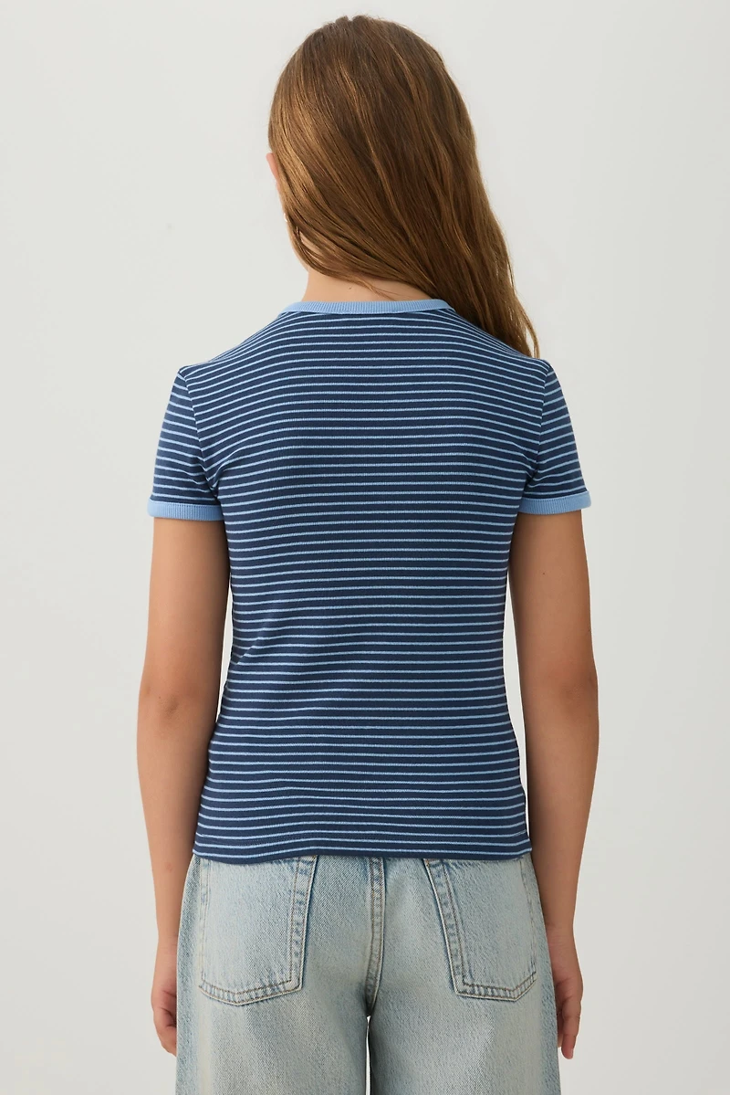 T-shirt côtelé à bordure contrastante et rayures