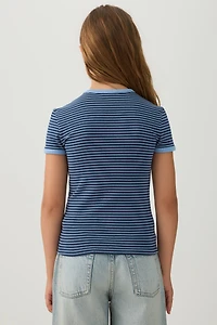 T-shirt côtelé à bordure contrastante et rayures