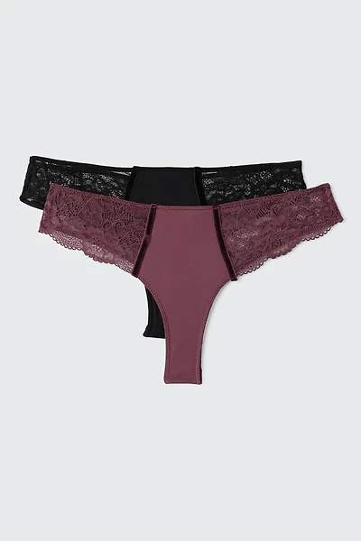 Lot de 2 tangas en microfibre et dentelle
