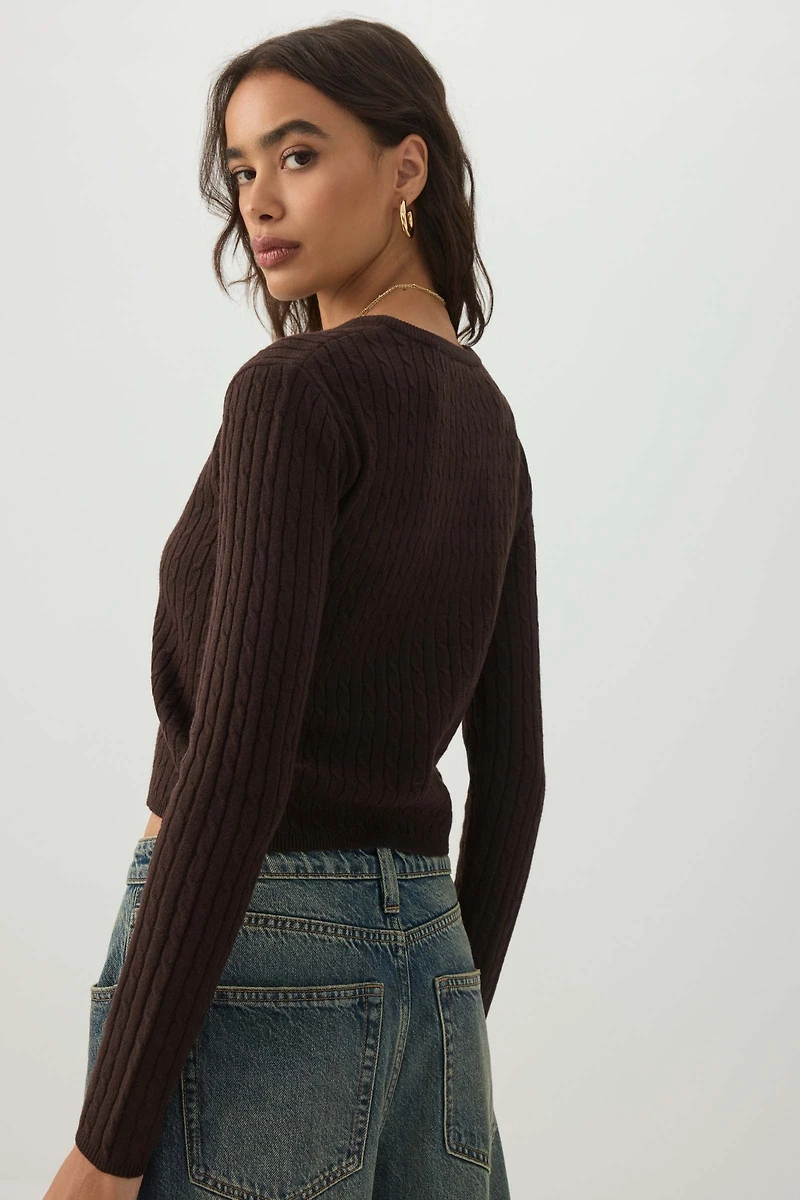 Cropped Fine Cable Knit Cardigan