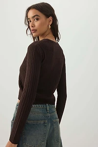Cropped Fine Cable Knit Cardigan