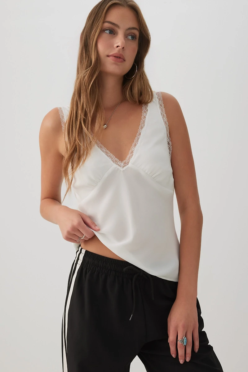 Woven Tank Top with Lace Trim