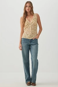 Floral Woven Tank Top with Lace Trim