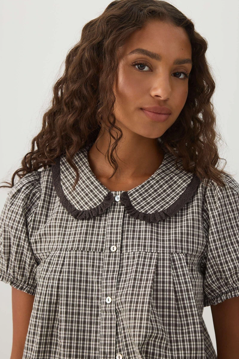 Chemise boutonnée à manches bouffantes carreaux