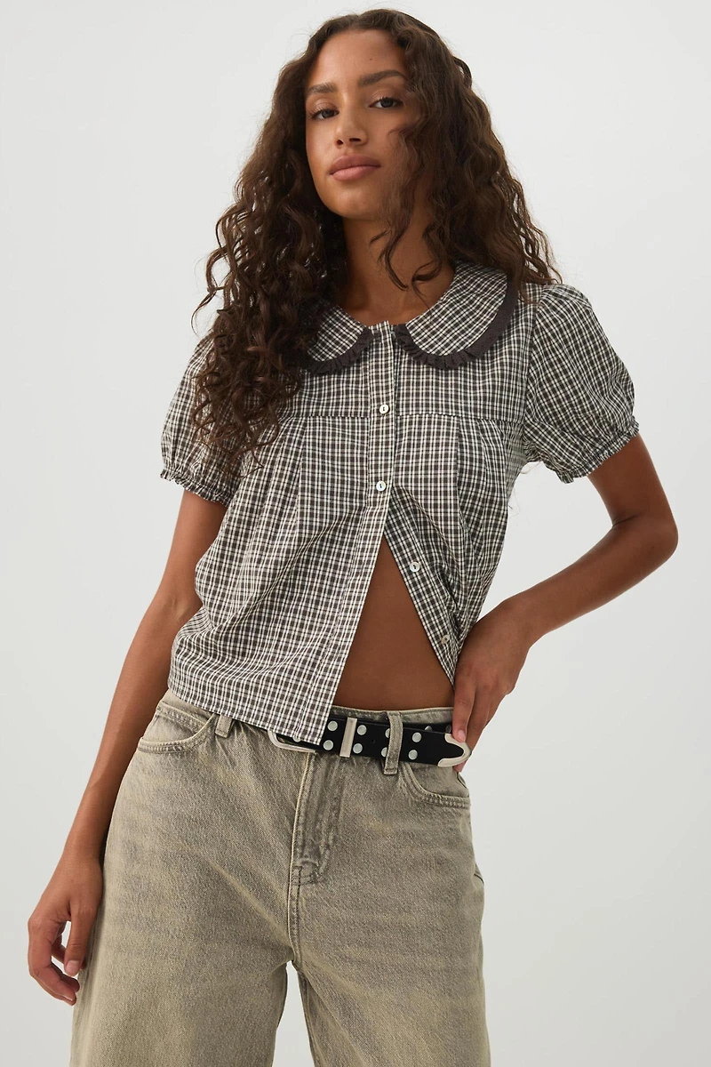 Chemise boutonnée à manches bouffantes carreaux
