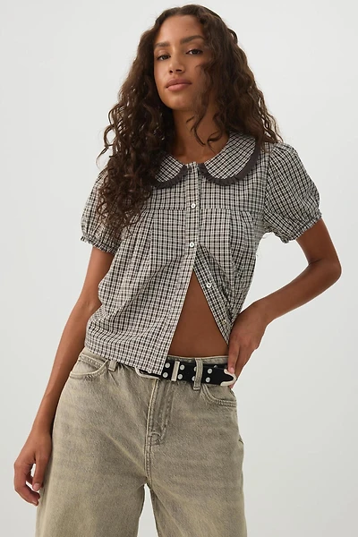 Chemise boutonnée à manches bouffantes carreaux