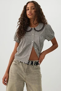 Chemise boutonnée à manches bouffantes carreaux