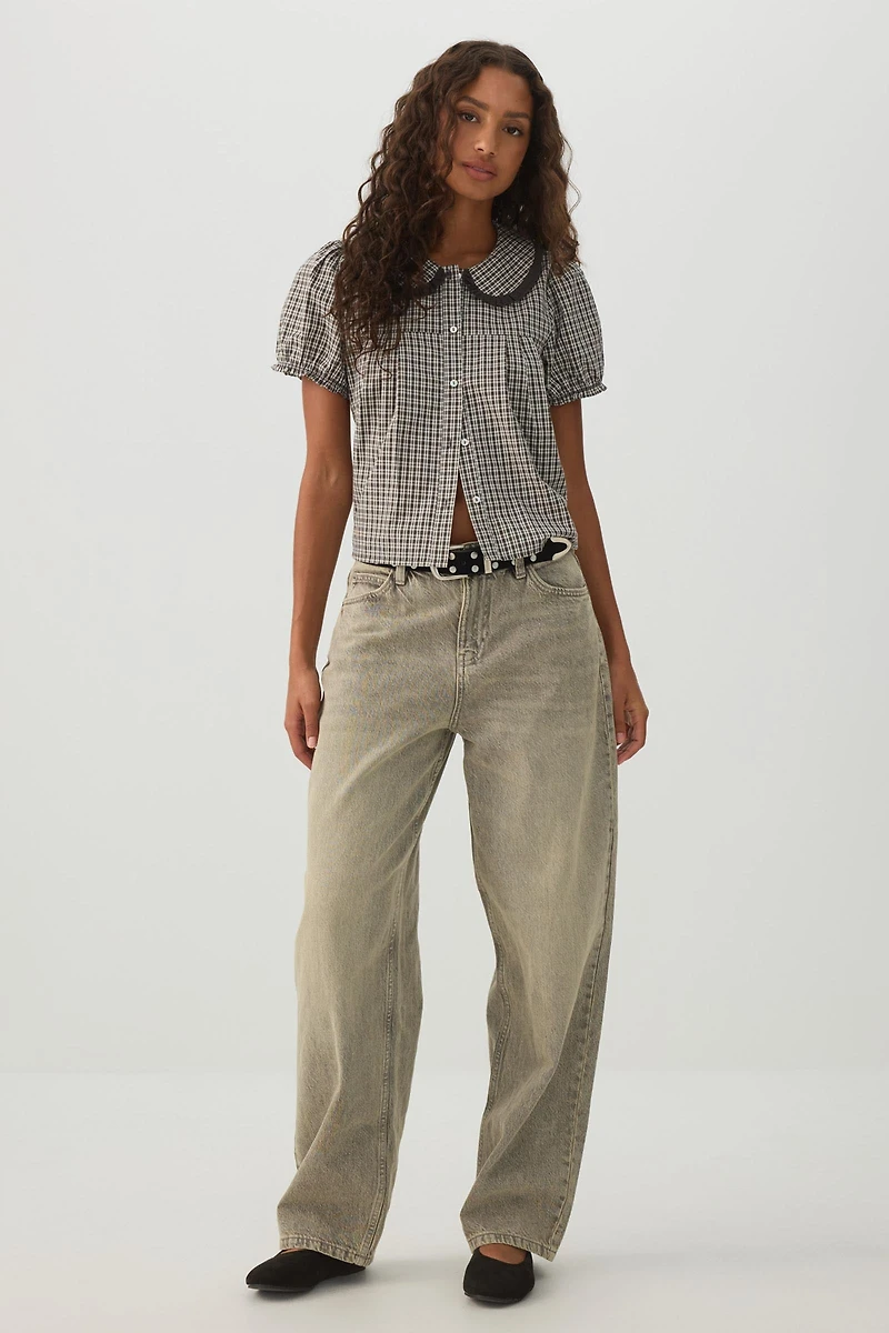 Plaid Puff Sleeve Button Up Shirt