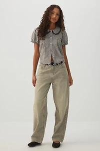 Plaid Puff Sleeve Button Up Shirt