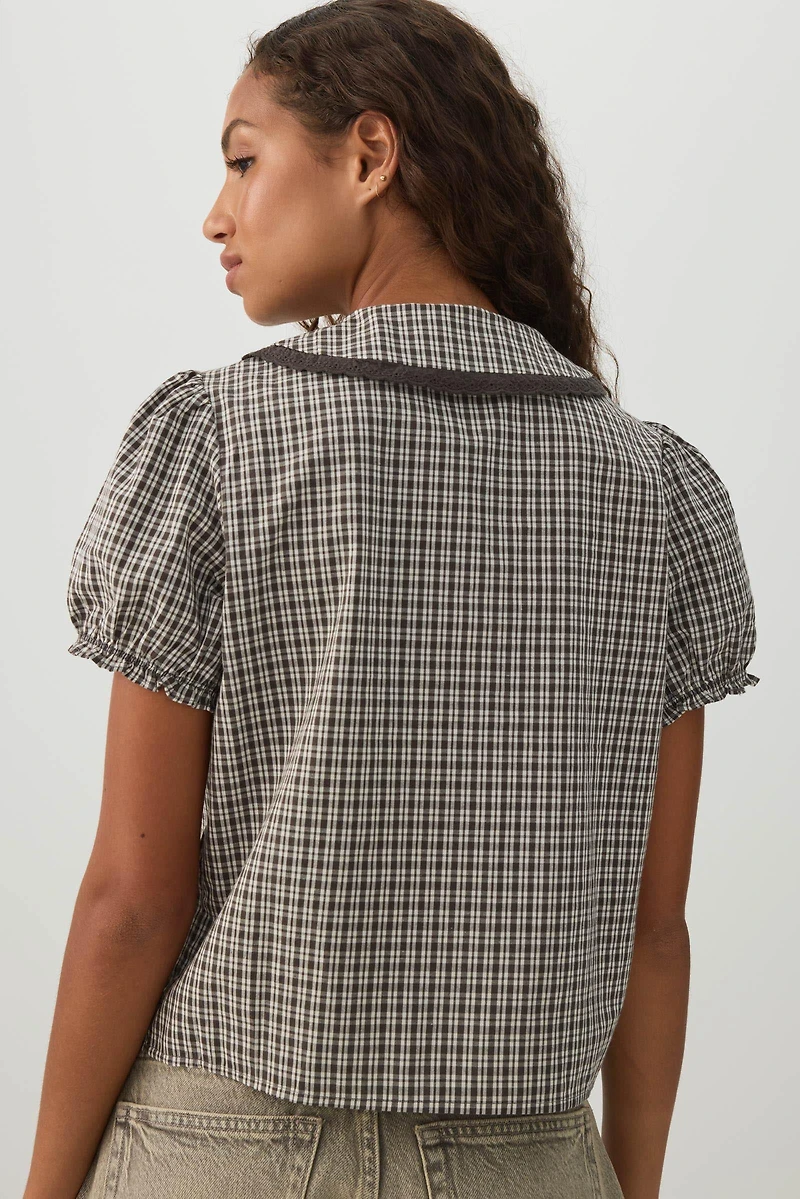 Plaid Puff Sleeve Button Up Shirt