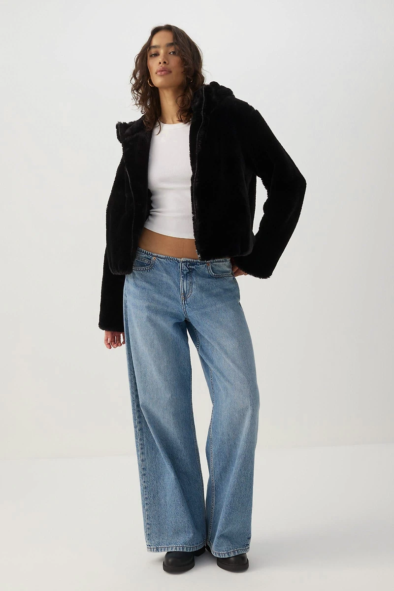 Short Faux Fur Hooded Jacket