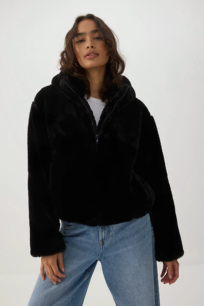 Short Faux Fur Hooded Jacket