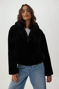 Short Faux Fur Hooded Jacket