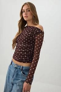 Polka Dot Mesh Long Sleeve Crop Top