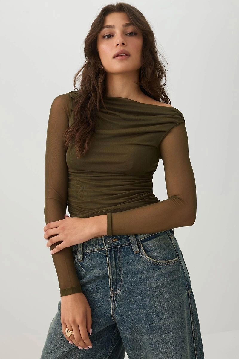 Ruched Mesh Long Sleeve Crop Top