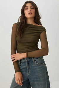 Ruched Mesh Long Sleeve Crop Top