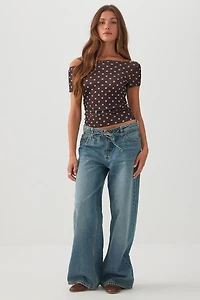 Polka Dot Off-Shoulder Boat Neck Top