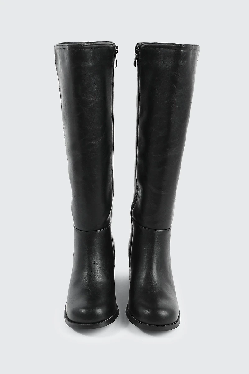 Faux Leather Square Toe Knee High Boots