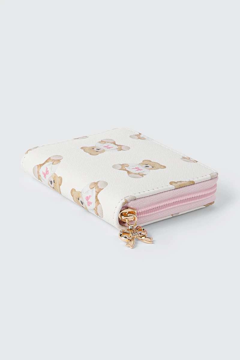 Portefeuille compact à glissière et imprimé oursons