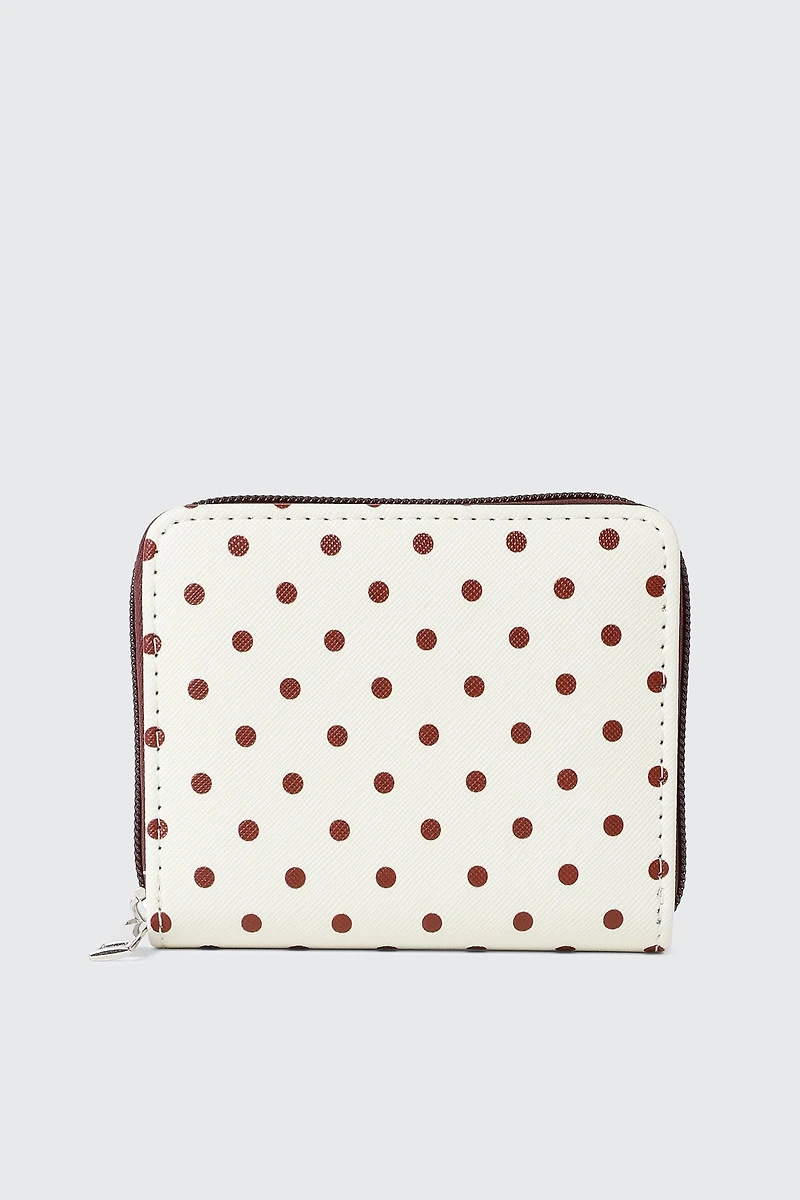 Portefeuille compact à glissière et imprimé à pois