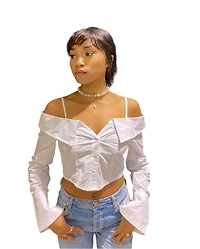8586: OFF THE SHOULDER CROP BUTTON UP SHIRT