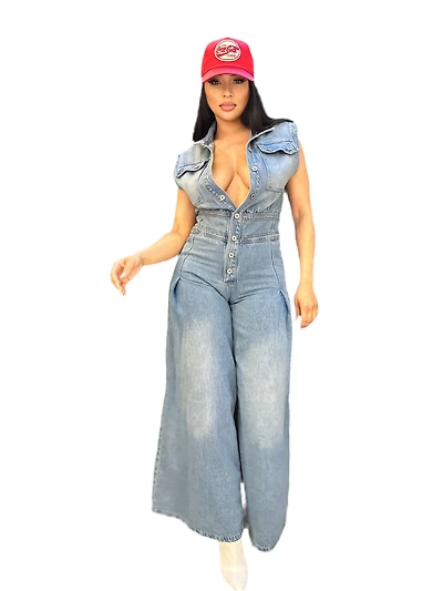 8586: WIDE LEG DENIM ROMPER
