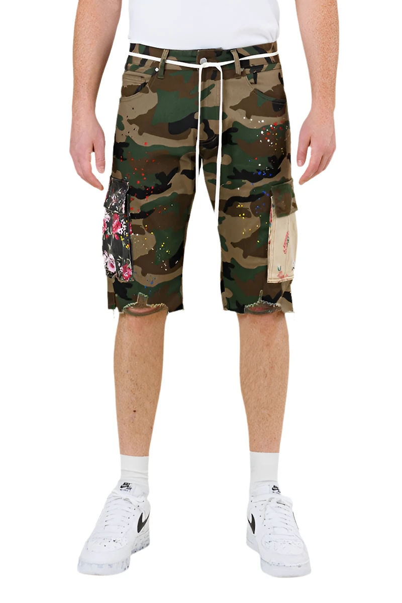 FIRST ROW: CAMO FLOWER PATCH CARGO SHORTS