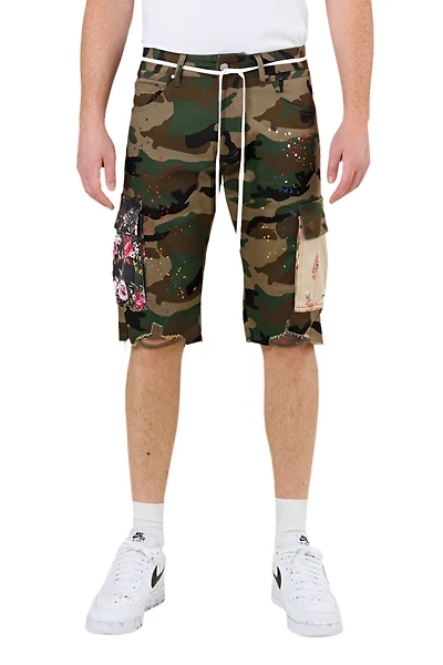 FIRST ROW: CAMO FLOWER PATCH CARGO SHORTS
