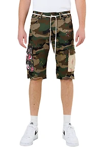 FIRST ROW: CAMO FLOWER PATCH CARGO SHORTS