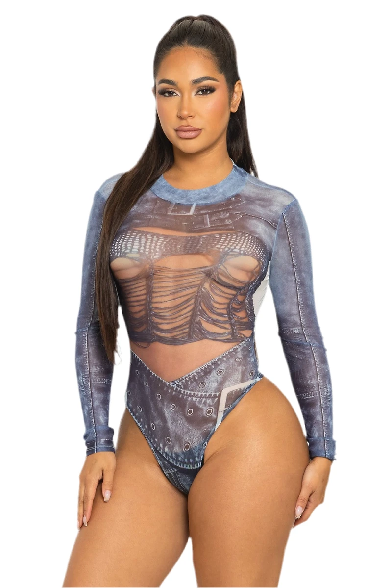 BOHO: SHEER FAUX DENIM BODYSUIT